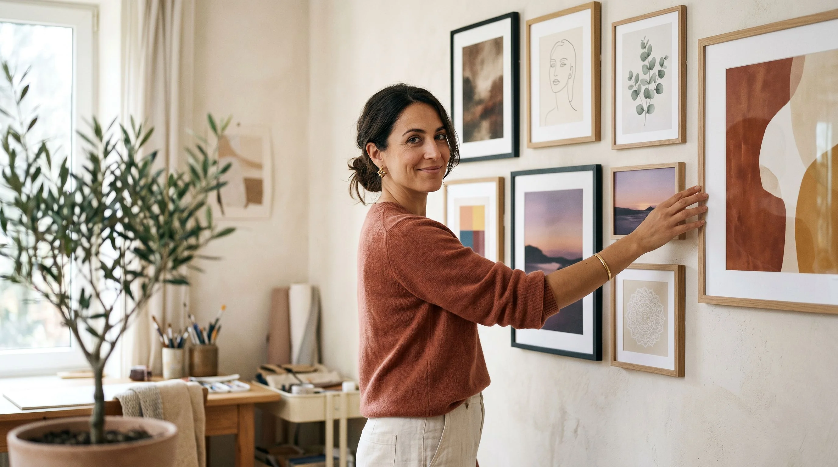 A warm, grounded woman in her mid-30s with dark espresso-brown hair pulled back in a loose low bun with a few soft strands falling forward at her temples, warm olive skin, deep brown eyes with natural lashes and gentle laugh lines, a quiet, private, knowing smile. She wears a soft terracotta merino sweater with the sleeves pushed up to the elbow, faded cream linen trousers, small gold knot earrings, a thin gold bangle at her wrist. She looks thoughtful and at ease — not posed, not glossy, a real woman in a real room. She is standing in her warm, sunlit home studio in front of a creamy plaster wall that has been curated into a small, tasteful gallery arrangement of FRAMED ART PRINTS — seven different prints of different sizes in simple thin oak and black frames, arranged in a loose asymmetric gallery-wall composition: a moody abstract in warm earth tones, a minimalist line-art portrait, a soft botanical eucalyptus study, a dusk landscape in purples and peaches, a geometric colour-field, a small cream-coloured mandala, and a large statement abstract in burnt sienna and cream. She is reaching up with one hand to gently adjust one of the frames, turned slightly toward the camera with a quiet private smile — the expression of someone enjoying what she made. Warm morning window light streams in from the left creating soft directional shadows across the wall. A small potted olive tree is softly out of focus in the foreground. Editorial Kinfolk magazine photography, warm natural window light, shallow depth of field, slight analog film grain, muted desaturated earth tones, cream and espresso colour palette, soft directional shadows, tactile and intimate, not glossy, not retouched, editorial — not stock. Vertical 4:5 portrait composition, intimate and aspirational, generous negative space, editorial — not stock.