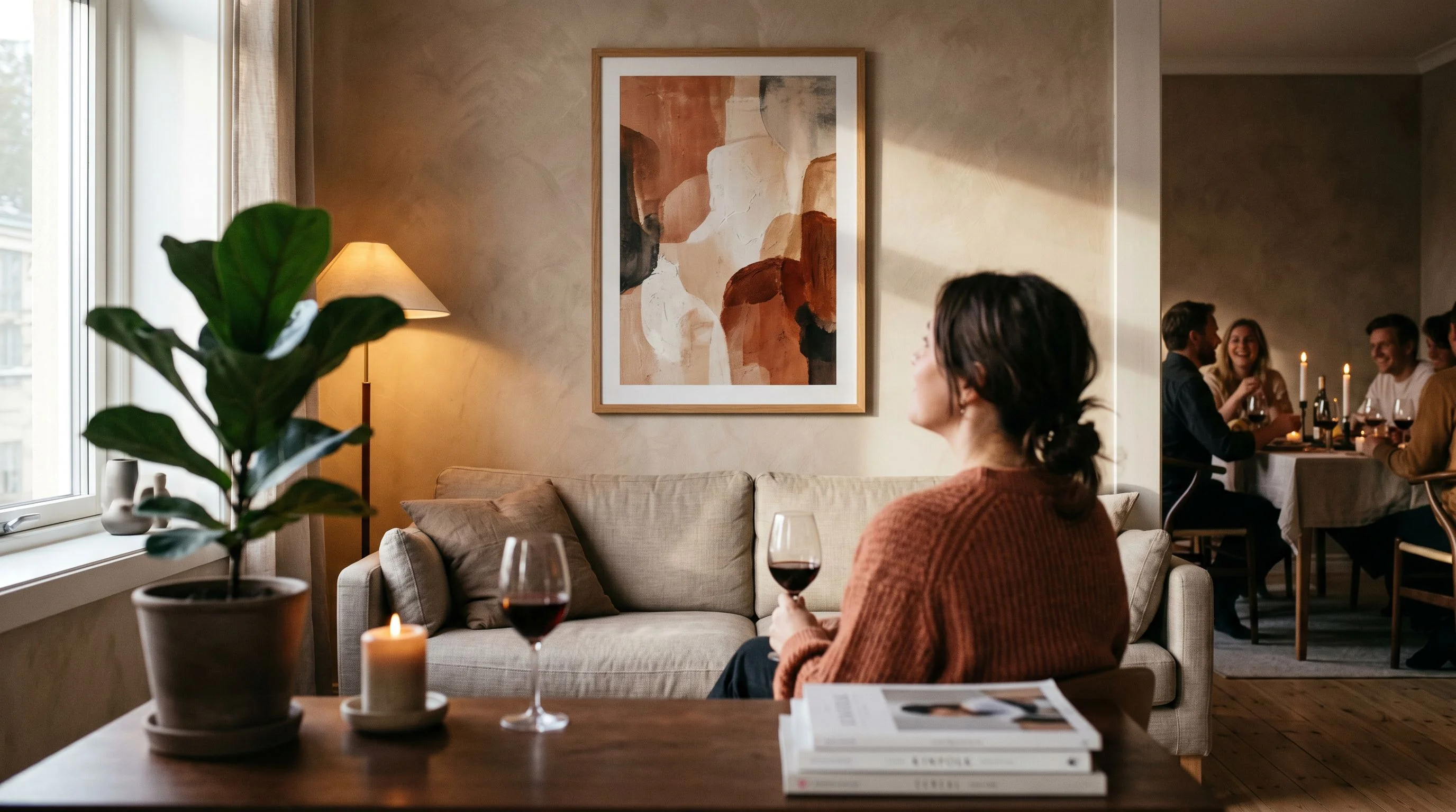 A warm, intimate evening photograph taken inside a friend's stylish living room during a small dinner party. The focus is on a large framed abstract art print hanging on a soft plaster accent wall above a linen sofa — a moody abstract in warm terracotta, cream, and burnt sienna tones, softly lit by a nearby floor lamp and afternoon light. In the mid-foreground, out of focus, we see the back of a woman in a soft terracotta sweater (the same character as elsewhere on the page) looking up at the print with a quiet, private smile — the expression of someone recognising something she made. A potted plant, a glass of red wine on a low wooden side table, and a stack of magazines sit softly out of focus in the foreground. Warm window light falls across the scene from the left. Editorial Kinfolk magazine photography, warm natural window light, shallow depth of field, slight analog film grain, muted desaturated earth tones, cream and espresso colour palette, soft directional shadows, tactile and intimate, not glossy, not retouched, editorial — not stock. Horizontal 16:9 composition, intimate and editorial, the print visible and in focus, the moment captured as 'in the world' rather than as a catalogue shot.