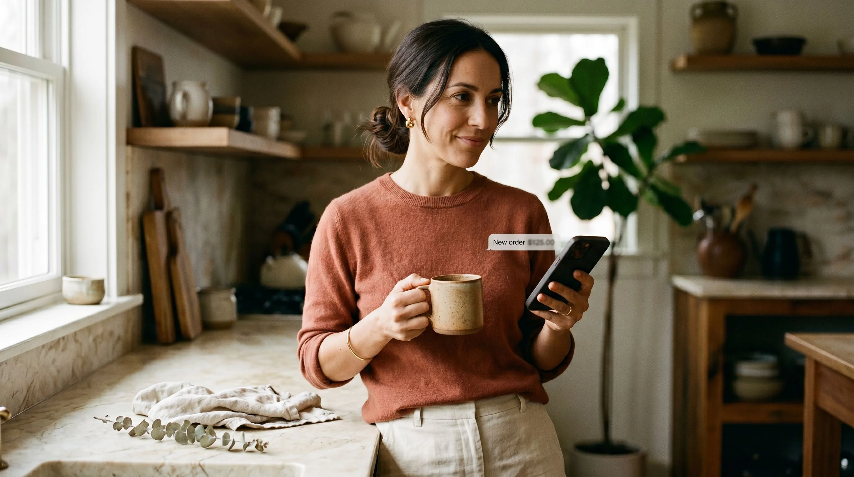 A warm, grounded woman in her mid-30s with dark espresso-brown hair pulled back in a loose low bun with a few soft strands falling forward at her temples, warm olive skin, deep brown eyes with natural lashes and gentle laugh lines, a quiet, private, knowing smile. She wears a soft terracotta merino sweater with the sleeves pushed up to the elbow, faded cream linen trousers, small gold knot earrings, a thin gold bangle at her wrist. She looks thoughtful and at ease — not posed, not glossy, a real woman in a real room. She is standing at a cream marble kitchen counter in soft morning light, one hand wrapped around a warm ceramic coffee mug and the other holding her phone at an angle so we can see a small, softly-blurred sale-notification banner on the screen (a simple phrase like 'New order' in a chat-bubble style, intentionally unreadable). Her expression is a quiet, amused half-smile — the look of someone who just saw something pleasant but unremarkable. A linen tea towel and a small sprig of dried eucalyptus sit on the counter beside her. Indoor plant softly out of focus behind her right shoulder. Editorial Kinfolk magazine photography, warm natural window light, shallow depth of field, slight analog film grain, muted desaturated earth tones, cream and espresso colour palette, soft directional shadows, tactile and intimate, not glossy, not retouched, editorial — not stock. Vertical 4:5 portrait composition, lots of negative space, intimate and domestic.