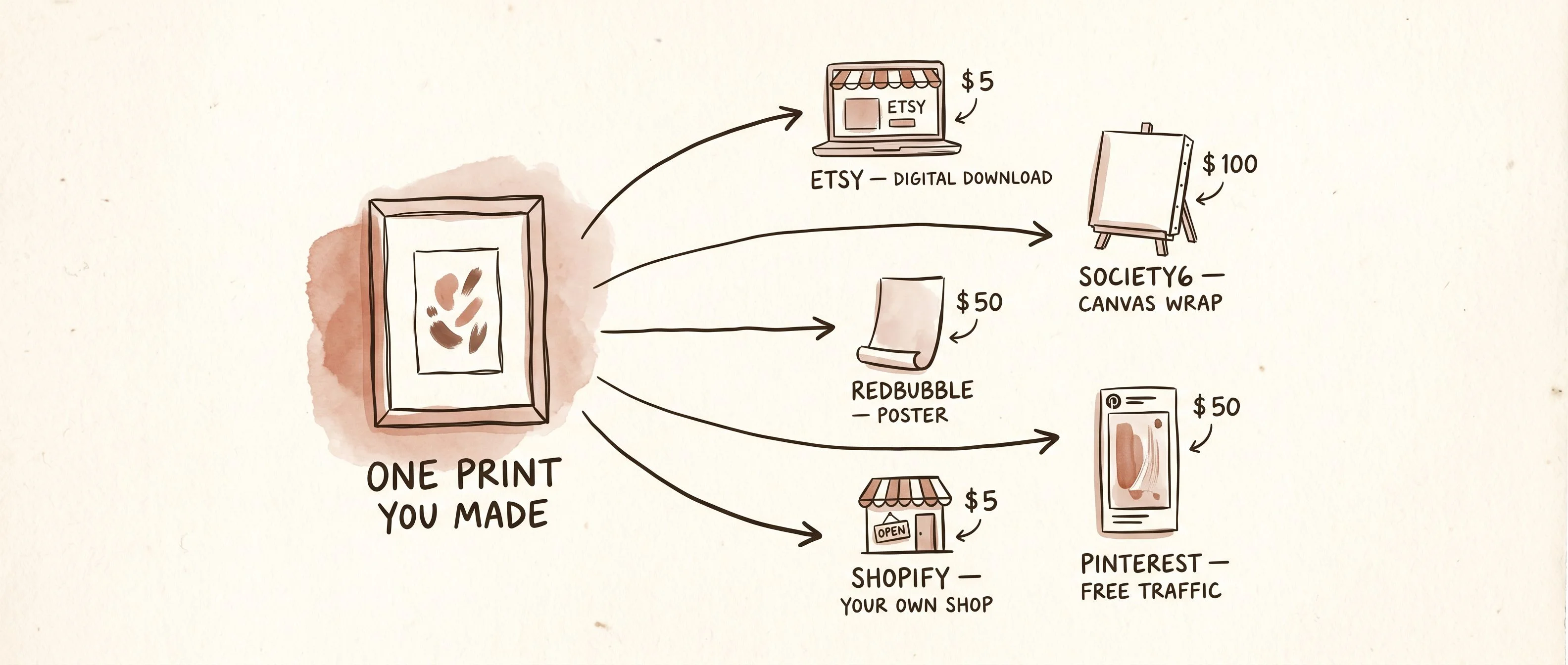 Editorial hand-drawn pen and ink infographic on warm cream paper (#FDFAF6 background). Loose, confident dark brown ink lines (#2A2118) with subtle muted terracotta (#C4705A) watercolor-wash accents on key elements. Imperfect, warm, hand-sketched journal illustration style — like marginalia in a quality magazine or a designer's sketchbook. Composition: a single small framed art print drawn in the centre-left as a wobbly rectangle containing a tiny abstract motif (a few loose brush-stroke shapes), labelled underneath in hand-lettered casual all-caps 'ONE PRINT YOU MADE'. From this single framed print, five loose, slightly wobbly hand-drawn arrows curve outward to the right, each leading to a tiny sketched product with a small hand-lettered dollar-earning annotation: a small sketched laptop screen showing an ETSY storefront labelled 'ETSY — DIGITAL DOWNLOAD', a stretched canvas on a stand labelled 'SOCIETY6 — CANVAS WRAP', a rolled paper poster labelled 'REDBUBBLE — POSTER', a small storefront with an open 'OPEN' sign labelled 'SHOPIFY — YOUR OWN SHOP', and a tiny Pinterest-style pin with a vertical image labelled 'PINTEREST — FREE TRAFFIC'. Each product sketch has a tiny hand-lettered caption underneath. A soft terracotta watercolor wash sits behind the central 'ONE PRINT' framed illustration. Hand-lettered captions in casual all-caps. Generous negative space. No photorealism, no digital gradients beyond the terracotta wash, no flat digital design. Ultrawide horizontal 21:9 composition.
